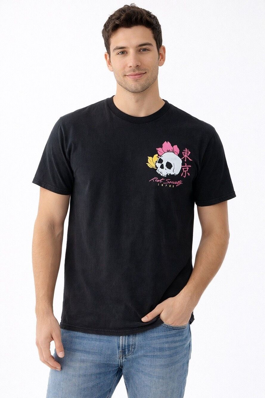 Riot Society Men's Large Tokyo Geisha Skull Graphic T-Shirt Black Cotton Japan